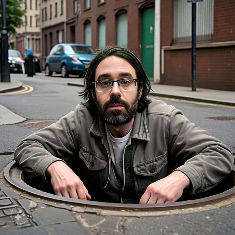 Imagine me coming up out of a manhole