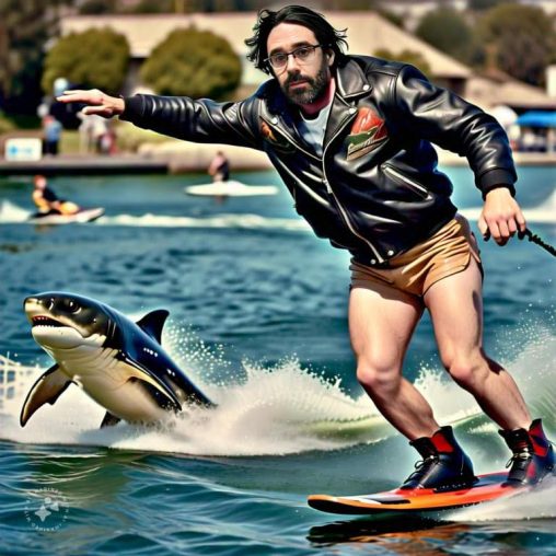 Imagine me water skiing jumping the shark wearing a leather jacket