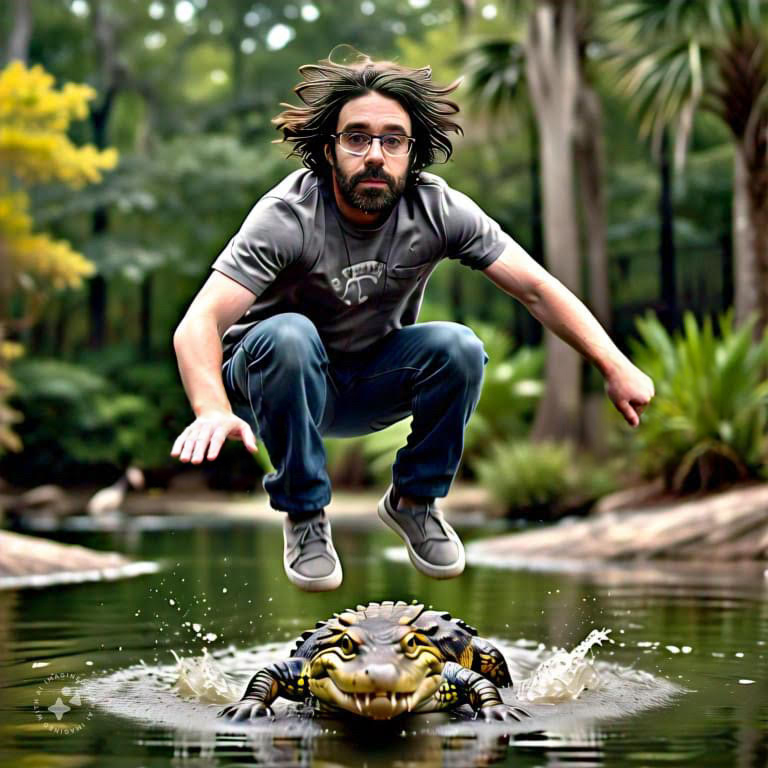 Imagine me jumping over an alligator
