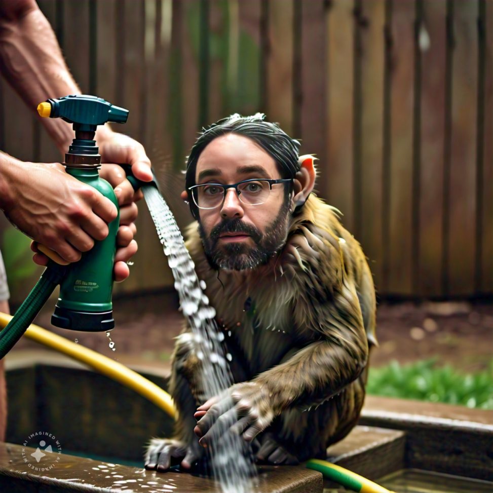 Imagine me spraying a monkey with a water hose