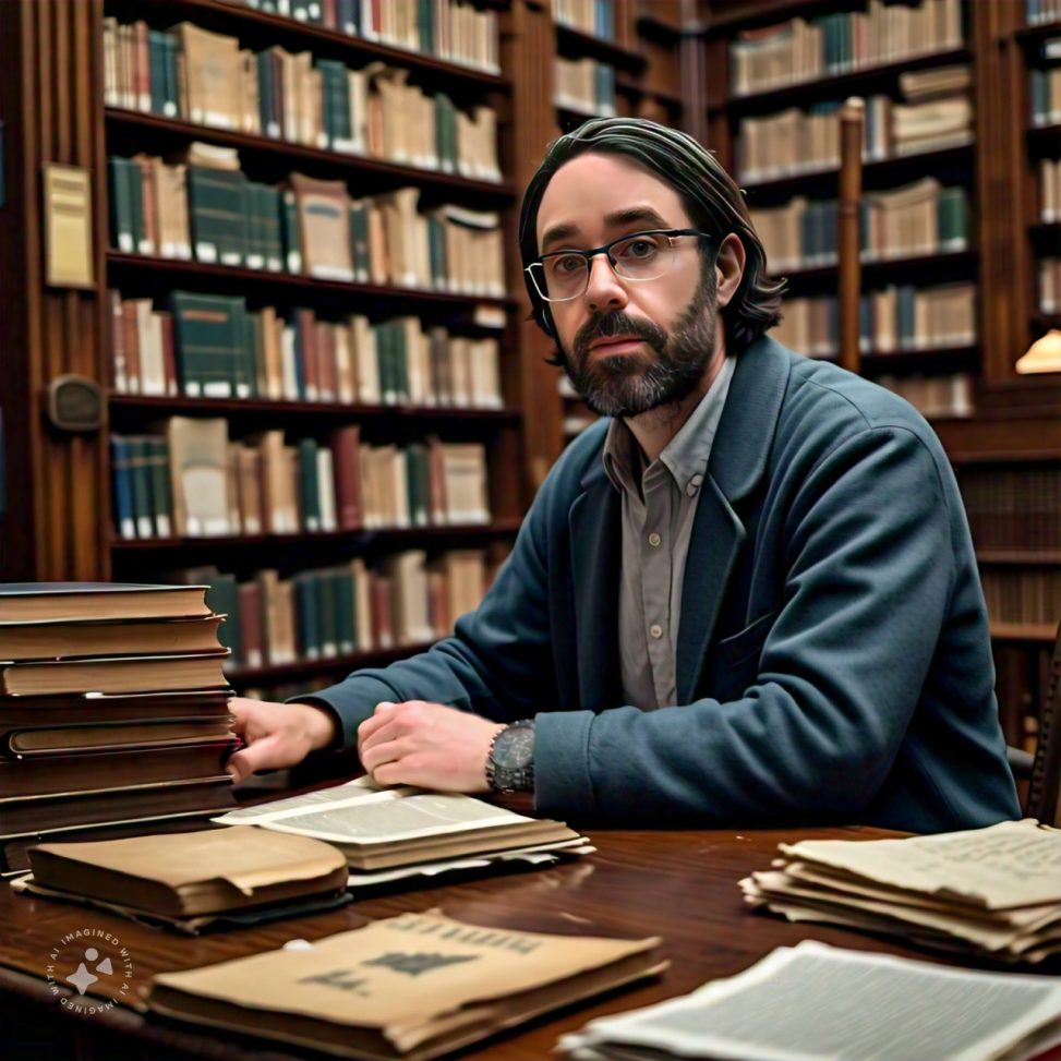 Imagine me in an old library sitting at a table with piles of old paper