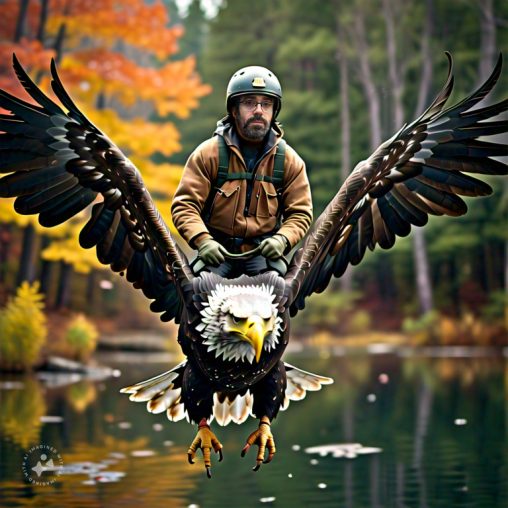 Imagine me riding on a flying eagle above a pond with trees in the background