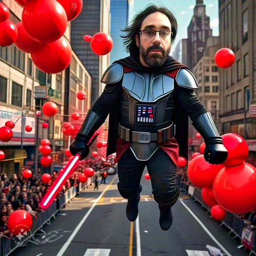 Imagine me floating like a New Year's Day parade balloon as a Star War's character with red orbs