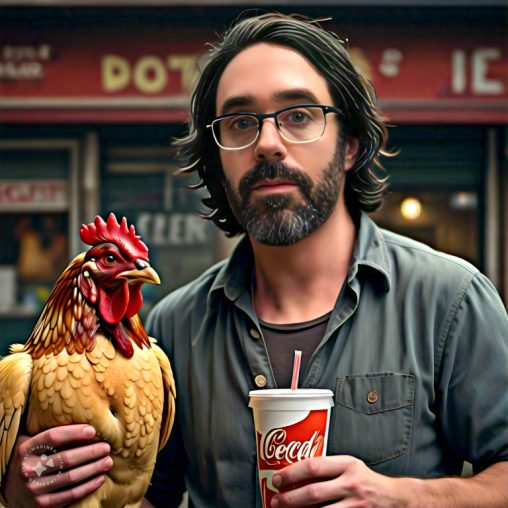 Imagine me holding a chicken and a cup of soda