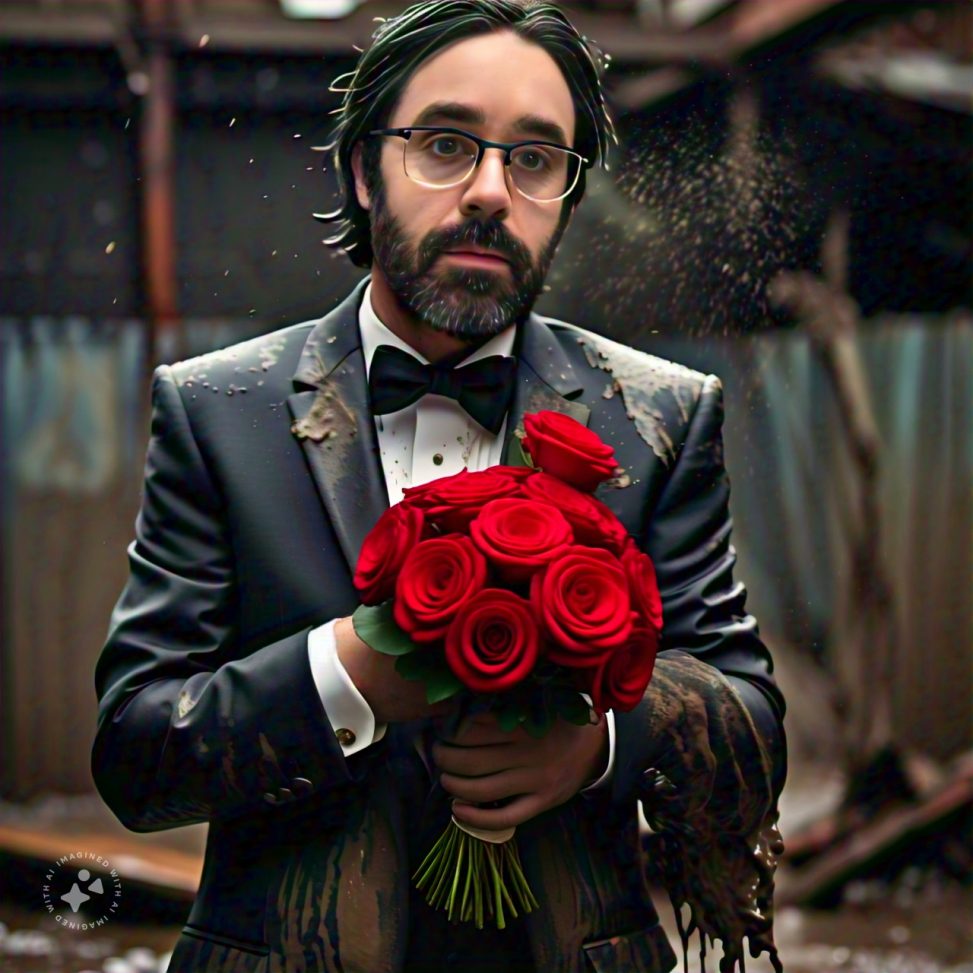 Imagine me in a tuxedo covered in mud holding a bouquet of roses