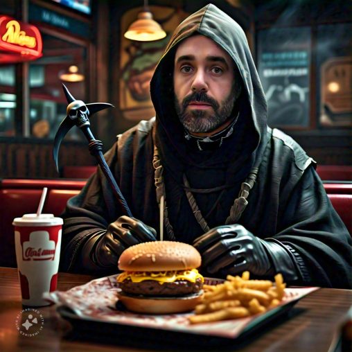 Imagine me as the Grim Reaper eating a cheeseburger with mustard only