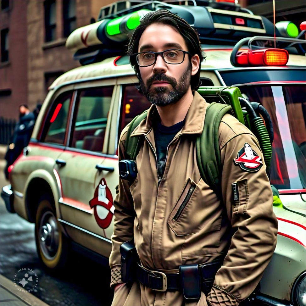Imagine me as a Ghostbuster standing by Ecto-1