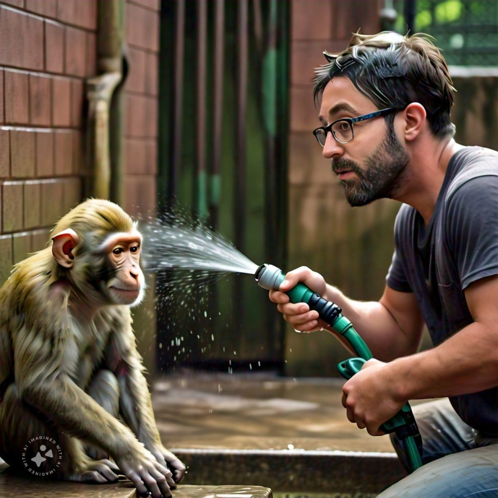 Imagine me spraying a monkey with a water hose
