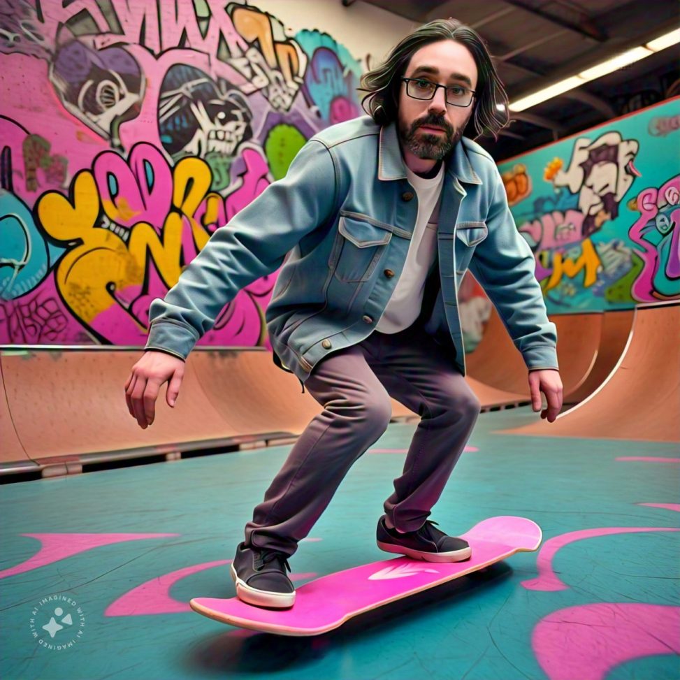Imagine me on a pink skateboard that has no wheels