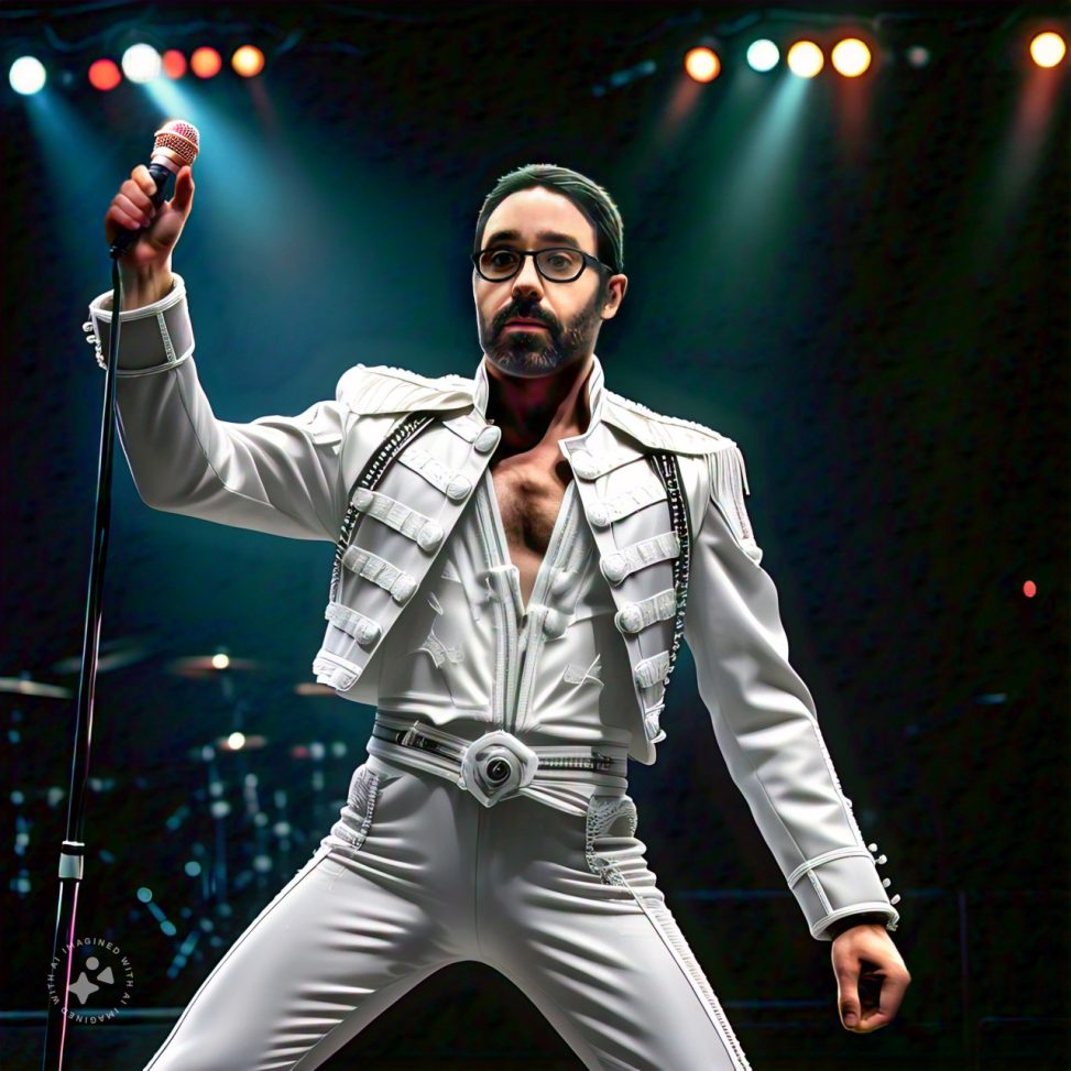 Imagine me dressed as Freddie Mercury holding a microphone stand